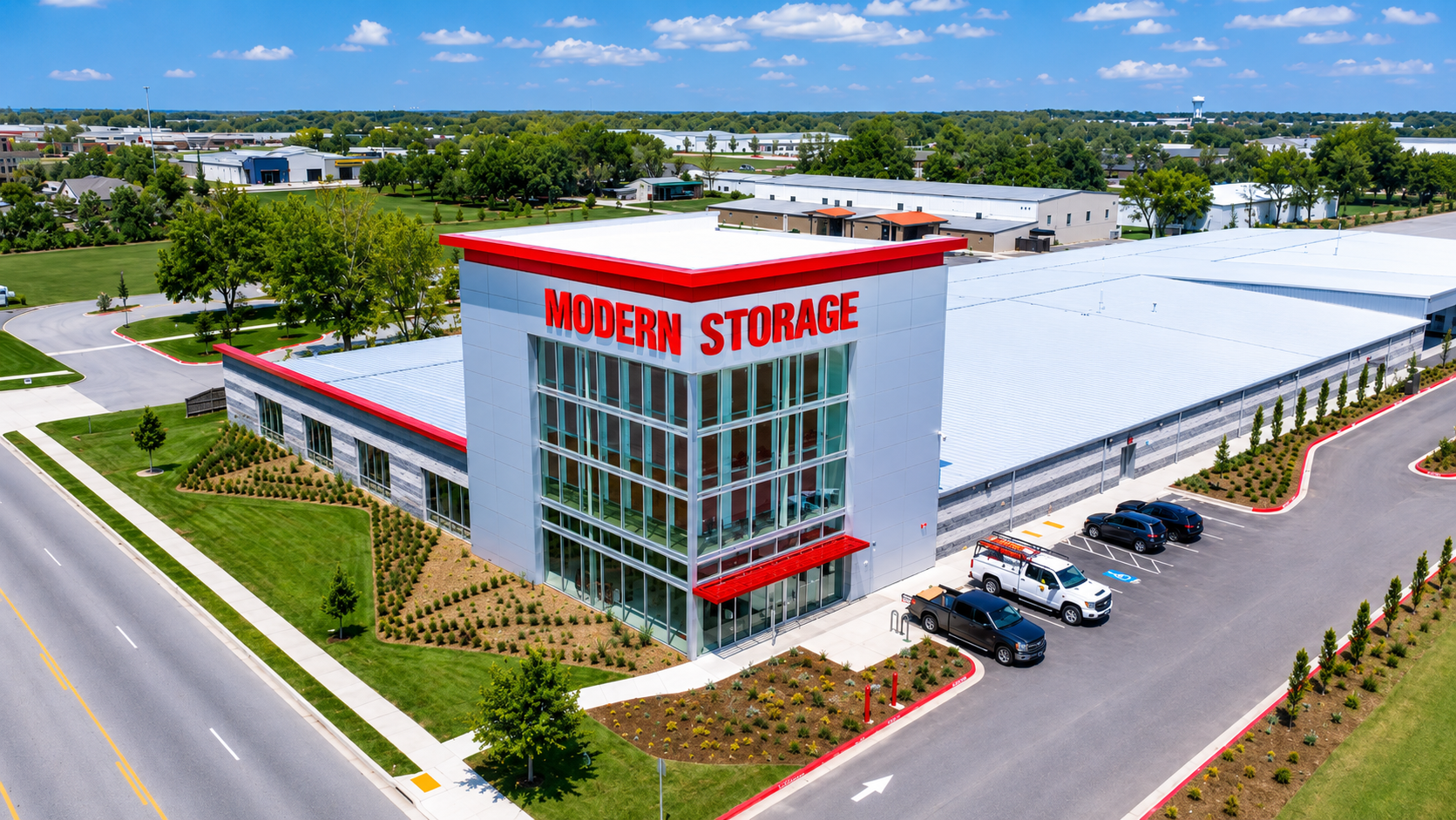 Modern Storage® Bentonville facility exterior on SW 14th Street with multi-story storage building, red signage, and parking area